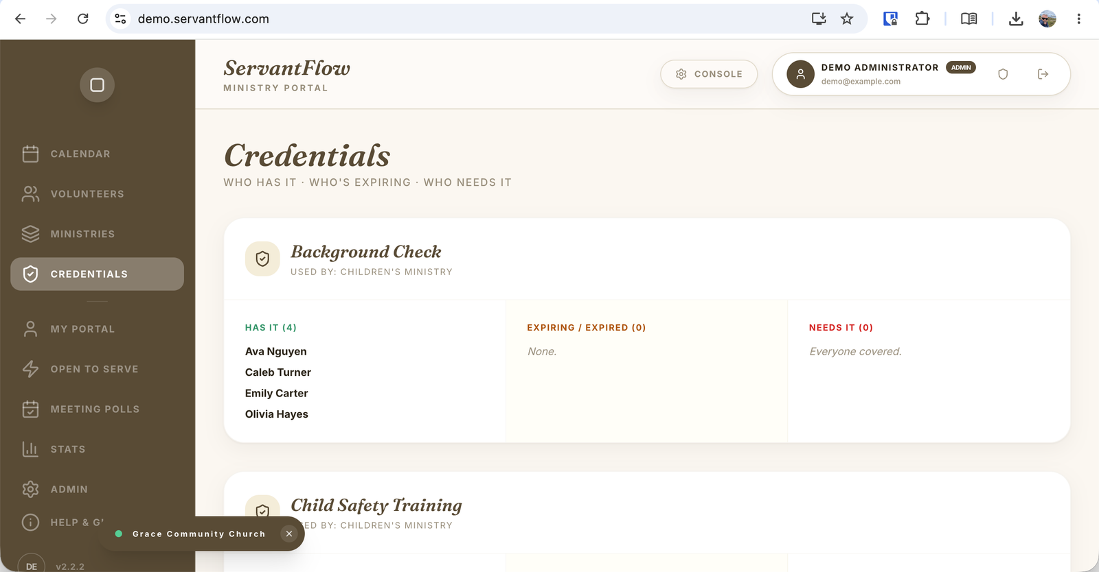 Ministries and credential tracking with coverage status