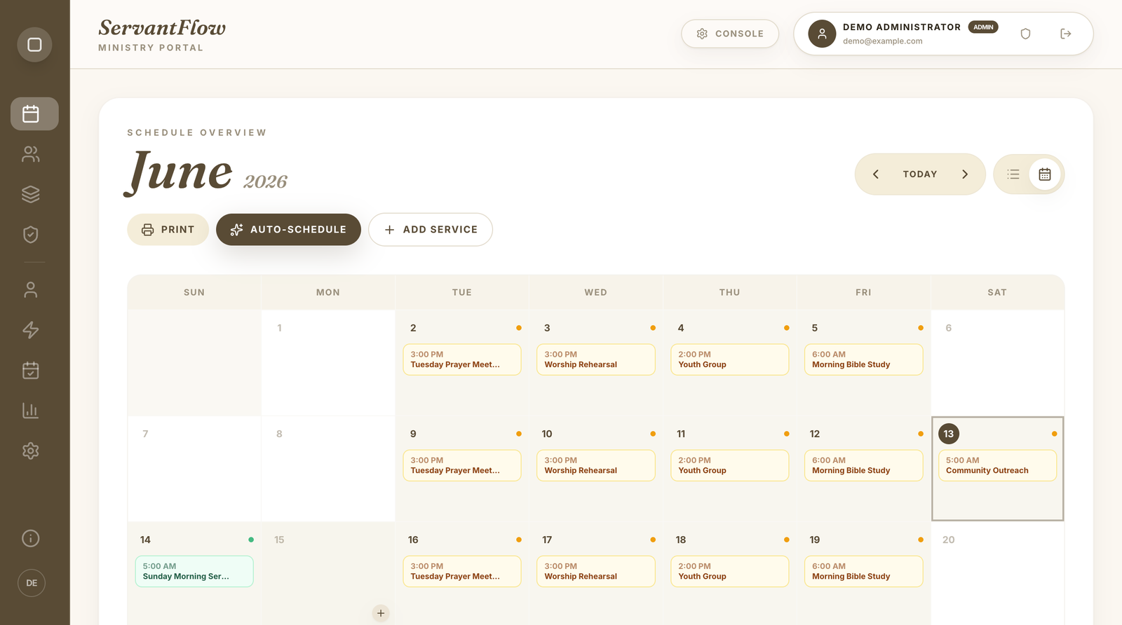 ServantFlow schedule calendar with one-click Auto-Schedule filling a month of services